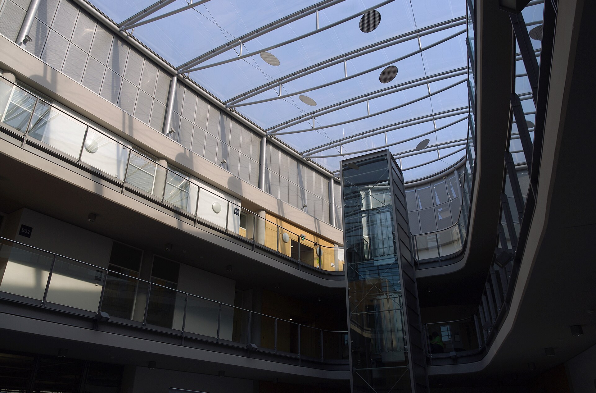 Interior of the atrium of the Engineering and Science Learning Centre at the University of Nottingham.