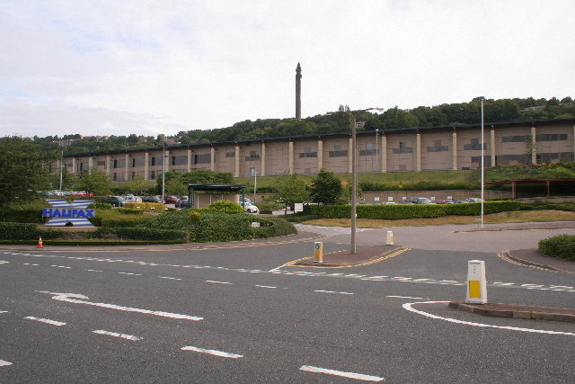 Copley Data Centre. Looking N from Wakefield Road at SE 077 233. This building houses the Halifax Building Society's computing facility at Copley. In the distance can be seen the Wainhouse tower which is in the next square at SE 078 240.